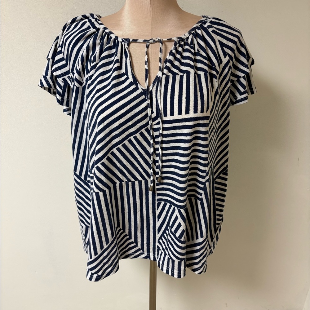Tribal Striped Tie-Neck Women's Navy and White Peasant Top 2X